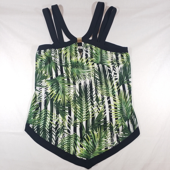 Thalia Sodi Tank Top‎ Womens Medium Palm Leaf Green Black Strappy Lined Beach - Picture 1 of 12